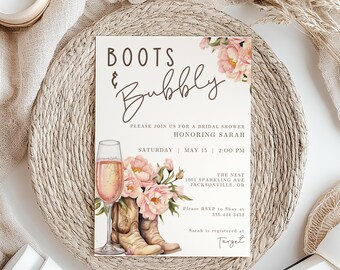 Boots and Bubbly Bridal Shower Invite, PERSONALIZED Invitation, Brunch Bridal Shower Invite, Western Bridal, Cowgirl Boots, Ready to Print