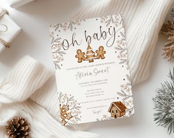 May include: A rectangular baby shower invitation card featuring gingerbread men, a Christmas tree, and a gingerbread house illustration. The text reads Oh baby, Please join us for a baby shower honouring Alicia Sweet, Saturday, December 12th.