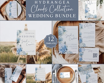 Hydrangea Wedding Invitation Bundle: Dusty Blue Floral (Editable Canva Template)