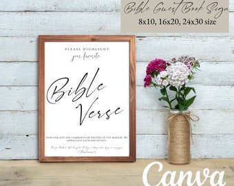 May include: A printable sign with a white background and black text that says "Please highlight your favorite Bible Verse". The sign also includes instructions to sign and add comments or prayers in the margin. The sign is framed in a brown frame and is sitting on a wooden surface. The sign is available in 8x10, 16x20, and 24x30 sizes.