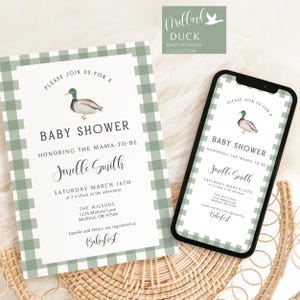Mallard Duck Baby Shower Invitation, Mallard Duck Mobile Invite, Electronic Invitation, Mallard Duck Evite, Hunting Buddy Baby Shower, Green