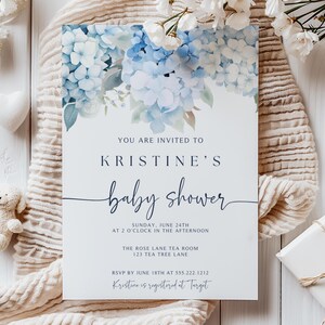 Dusty Blue Baby in Bloom, Blue Hydrangea Baby Shower, Garden Baby Shower, Vintage Shower, Baby Boy Shower, Instant Download, Canva Editable