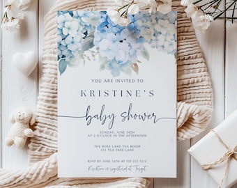 Dusty Blue Baby in Bloom, Blue Hydrangea Baby Shower, Garden Baby Shower, Vintage Shower, Baby Boy Shower, Instant Download, Canva Editable