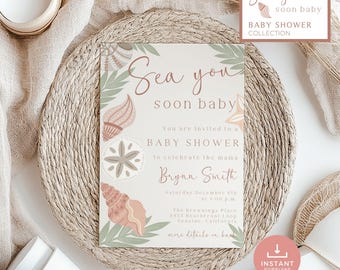 Coastal Baby Shower Invitation: Pink Sea You Soon, Nautical Seashell Theme, Digital Download, Canva Template, Boho