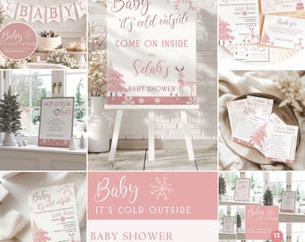 May include: A baby shower party bundle featuring pink and white winter-themed stationery, signage, and banners. The designs include snowflake patterns, pink pine trees, and deer illustrations with the text Baby it's cold outside.