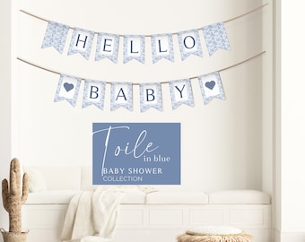 Blue Toile Baby Shower Banner: Chinoiserie Printable (Editable Canva Template)