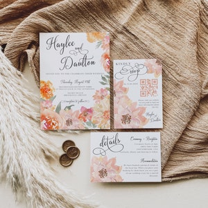 Toile d'invitation florale de mariage dahlia, papeterie imprimable, modifiable, détail QR RSVP, dahlias corail rose orange, modèle d'enveloppe, Haylee Ray