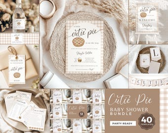 Cutie Pie Baby Shower Bundle, Fall Gingham Theme, Sweet as Pie, Editable Canva Templates (Digital Download)