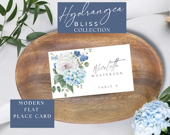 Blue Hydrangea Place Card Template: Editable Floral Table Cards (Digital Download)