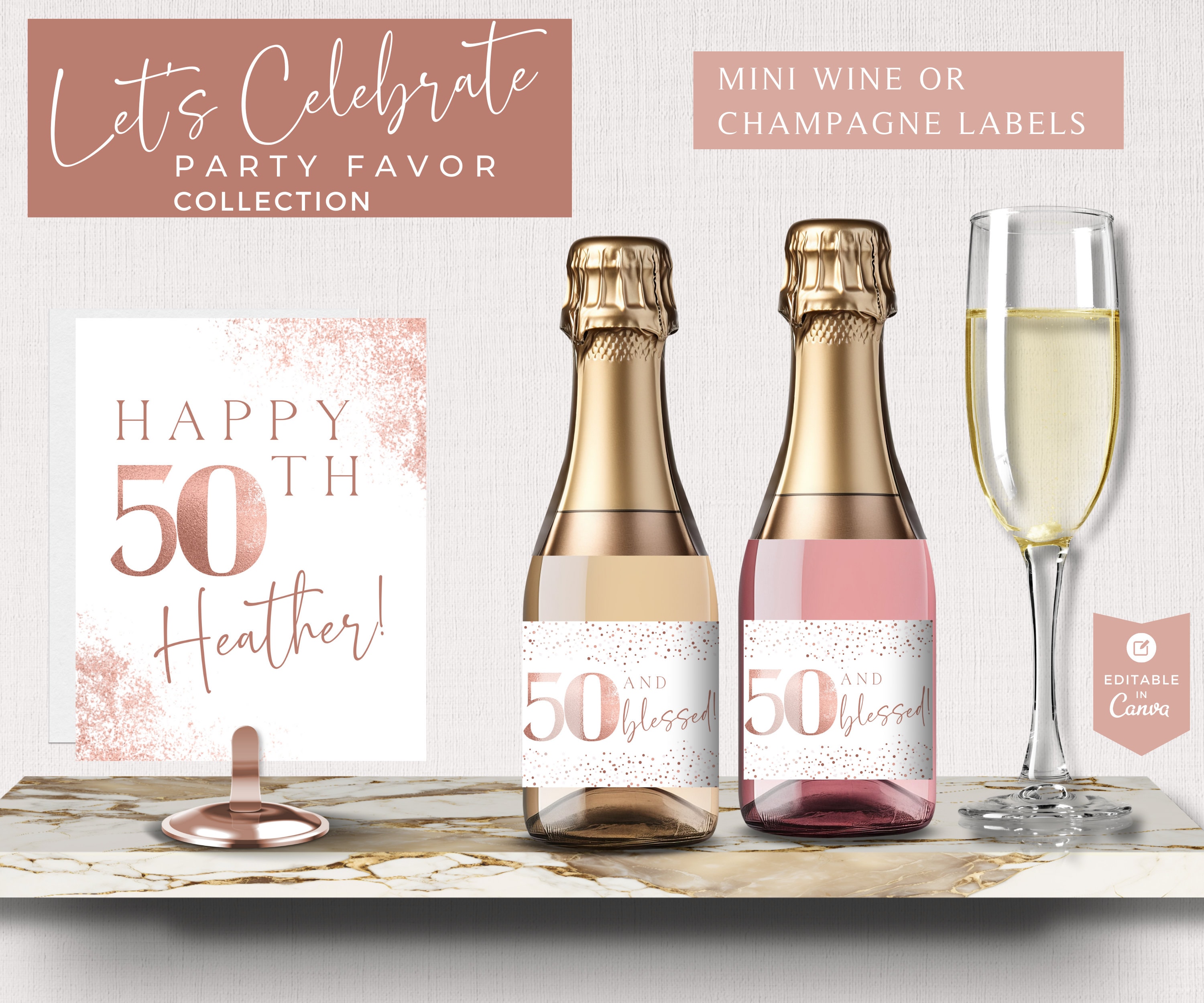 50th Mini Wine Labels Canva, Printable Champagne Label Template, Party ...