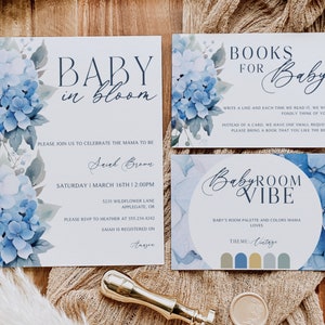 Dusty Blue Baby in Bloom, Blue Hydrangea Baby Shower, Garden Baby Shower, Vintage Shower, Baby Boy Shower, Instant Download, Canva Editable