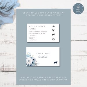 May include: Printable place cards with a blue floral design and the text "Table Nine Sarah Smith". The cards are designed for weddings and other events and include icons for meal choices: seafood, chicken, beef, and vegetarian.
