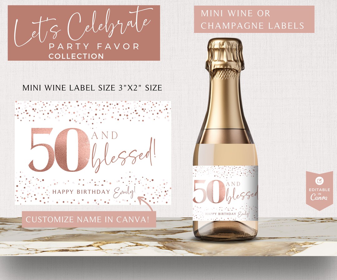 50th Mini Wine Labels Canva, Printable Champagne Label Template, Party ...