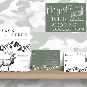 Modèle d'invitation de mariage wapiti, mariage de bois de cerf, invitation camo extérieure de chasse, carte de détails de verdure de sauge, RSVP imprimable de canva