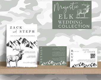 Elk Wedding Invitation Template, Deer Antler Wedding, Hunting Outdoor Camo Invitation, Sage Greenery Details Card, Canva Printable RSVP