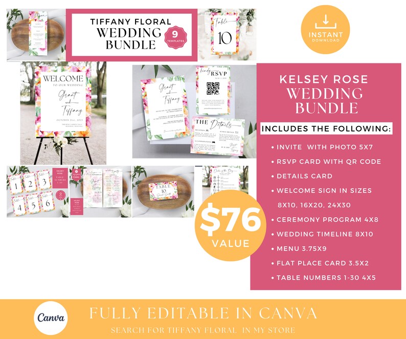 Editable Wedding Invitation Bundles Floral Invites Canva Etsy Australia