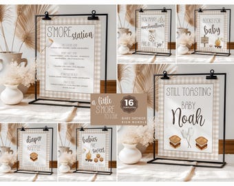 S'more to Love Baby Shower Signs, Bonfire Baby Shower, Smores themed signs, Printable and Editable in Canva