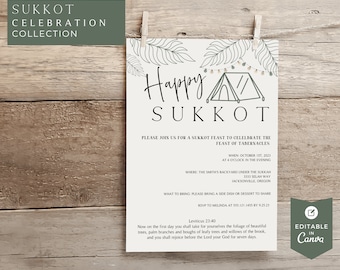 Könnte beinhalten: Eine druckbare Einladung zu einer Sukkot-Feier. Die Einladung zeigt eine handgezeichnete Illustration eines Zeltes mit Lichterketten und Grünpflanzen. Der Text lautet "Happy Sukkot" und enthält Details zur Veranstaltung, wie Datum, Uhrzeit, Ort und was mitzubringen ist. Die Einladung ist in Canva bearbeitbar.