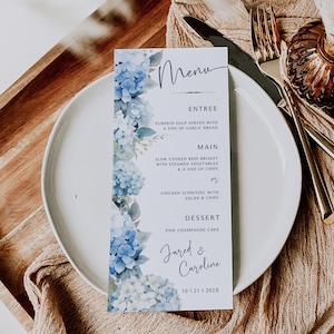 Blue Hydrangea Wedding Menu Template: Editable Floral Design (Digital Download)