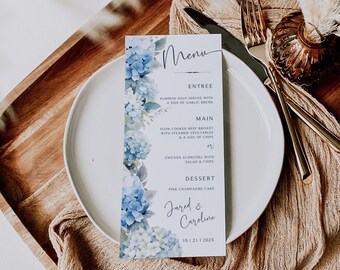 Blue Hydrangea Wedding Menu Template: Editable Floral Design (Digital Download)