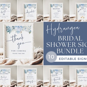 Hydrangea Bridal Shower SIGN Bundle, Dusty Blue Shower, Bridal Shower Signs, Editable Templates, Canva, How many Kisses, Instant Download