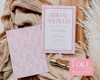 Pink Toile de Jouy Bridal Shower Invitation: French Chinoiserie (Editable Canva Template)