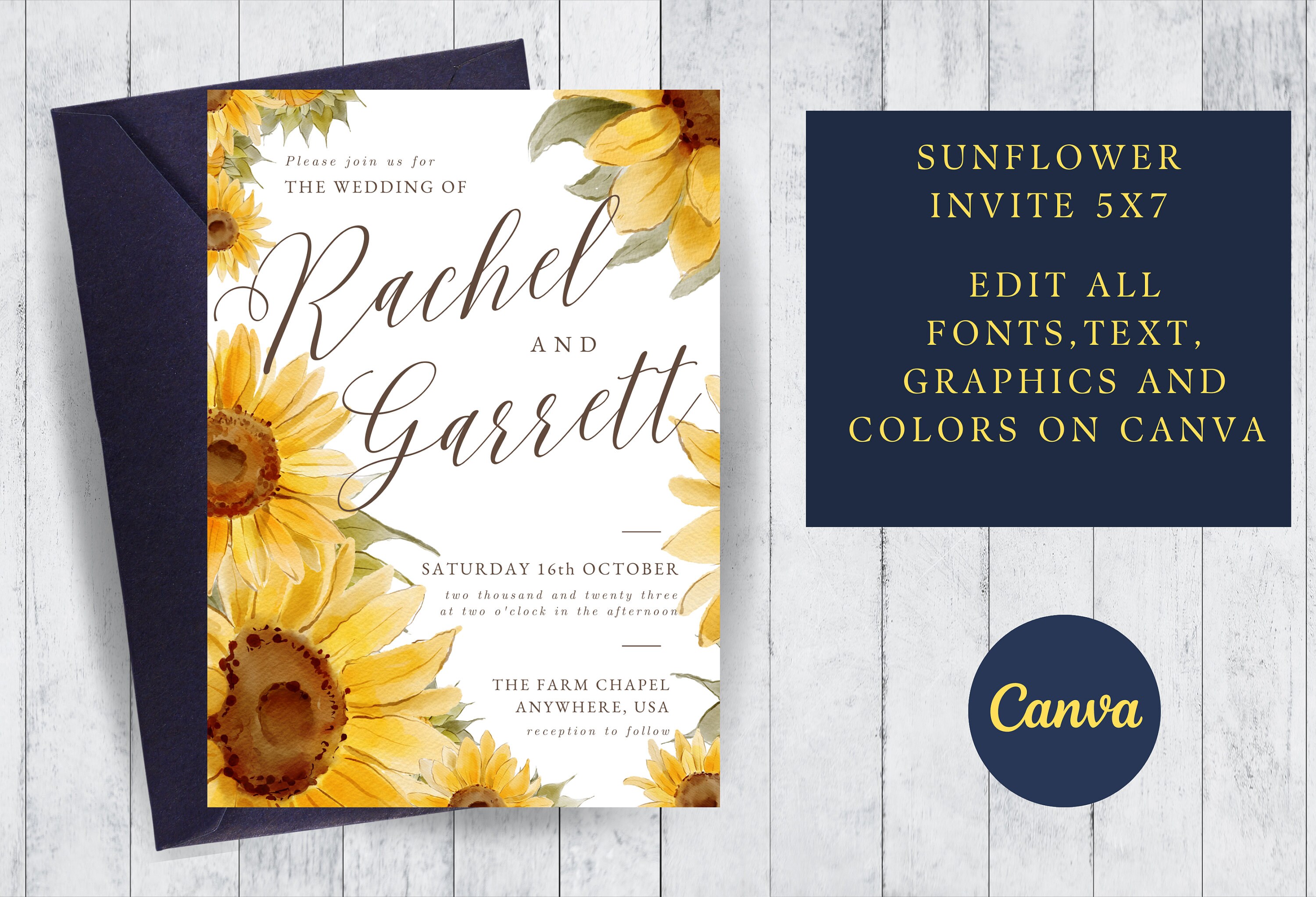 Invitación de boda con girasoles: Plantilla rústica floral de Canva  (descarga digital) - Etsy México, image size:3000x2045