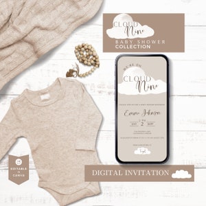 Può includere: Un invito digitale per una baby shower con una nuvola e il testo "We're on Cloud Nine" in uno schema di colori marrone e bianco. L'invito include il nome "Emme Johnson", la data "Sat 2 Sept", l'ora "2:00" e la posizione "361 Heavenly Lane, Jacksonville, Oregon".