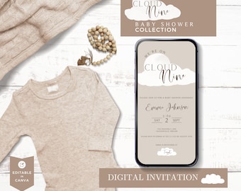 On Cloud Nine Baby Shower Electronic Invitation, Mobile Invite, Canva Template, Cloud 9,  Neutral Baby Shower, Editable, Instant Download