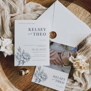 Navy Floral Wedding Invitation, Navy Blue Wedding, Wedding Invite Template Canva, Editable Printable, Invite with Photo, Instant Download