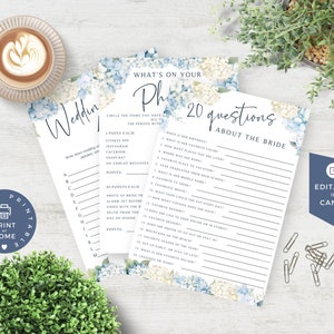 Hydrangea Bridal Shower Games, Dusty Blue Floral Shower, Wedding Shower Games Bundle, Would She Rather, PRINTABLE Games, EDITABLE in Canva image 5