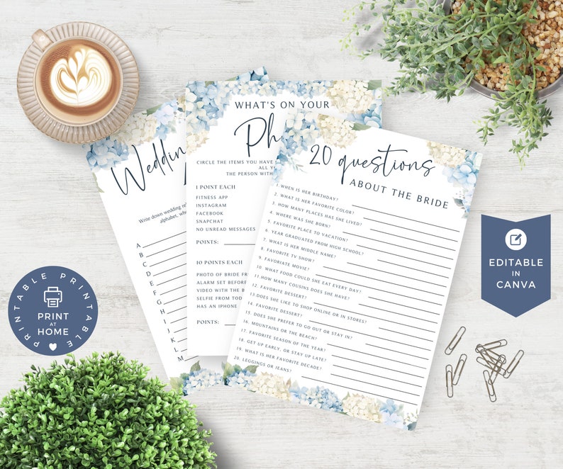 Hydrangea Bridal Shower Games, Dusty Blue Floral Shower, Wedding Shower Games Bundle, Would She Rather, PRINTABLE Games, EDITABLE in Canva image 5