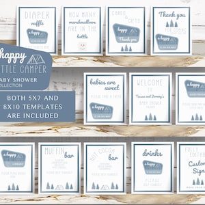 Happy Camper Baby Shower Signs, Adventure Baby Shower Sign Bundle, Editable Canva Templates, Books for Baby, Babies are Sweet, Printable