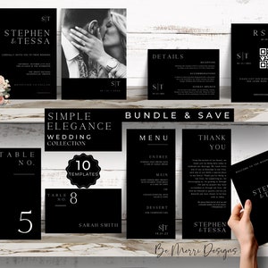 Elegantes Hochzeit Bundle Canva, Monogramm, bearbeitbar, druckbar, einladen, Menü, Tischnummer, Details, RSVP QR, Tischkarte, gefaltetes Programm, schwarz