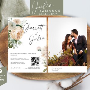 Hochzeitseinladung mit QR-Code, Hochzeitseinladung mit Foto, Hochzeitseinladung, Einfache Printable Invite, Canva, Julia Romance, Blush Florals
