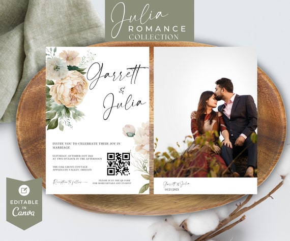 Blush Floral Wedding Invitation With QR Code & Photo (digital
