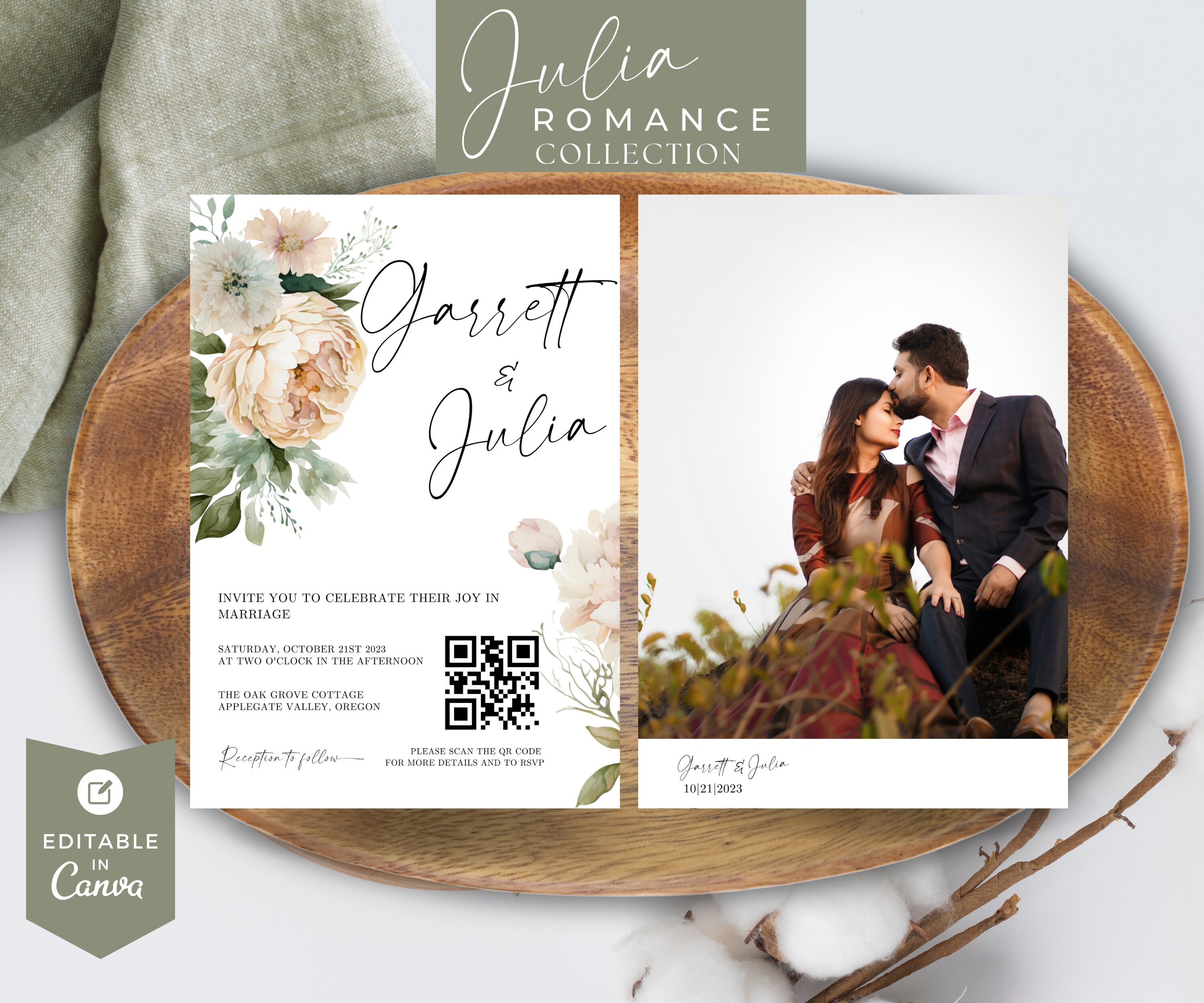 Blush Floral Wedding Invitation With QR Code & Photo (digital