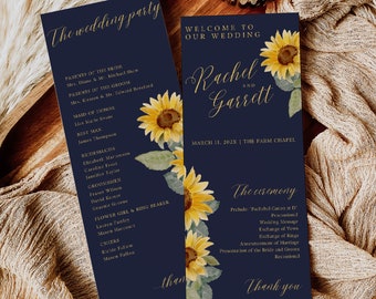 Sunflower WEDDING Ceremony Program, Navy Sunflower, Instant Download, DIY Printable Wedding Programs, Order of Ceremony, Canva Template