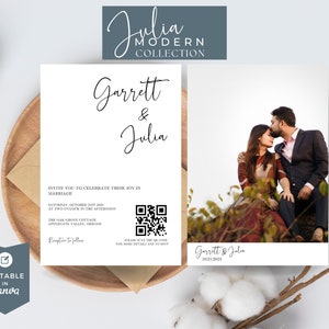 Hochzeitseinladung mit QR-Code, Minimalistische Hochzeitseinladung mit Foto, Hochzeitseinladung, Einfache druckbare Invite, Canva, Julia Modern