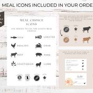 May include: A set of printable meal choice icons for guests at a wedding or other event. The icons include fish, lobster, poultry, crab, beef, pork, vegetarian, lamb, vegan, kids, gluten-free, and dairy-free. The icons are black and white and are designed to be used on place cards.