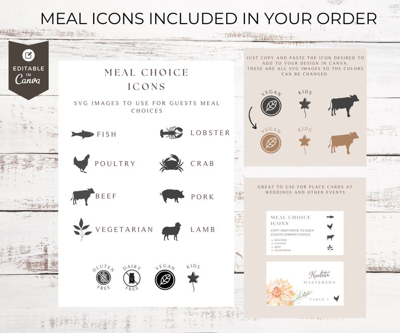 May include: A set of printable meal choice icons for guests at a wedding or other event. The icons include fish, lobster, poultry, crab, beef, pork, vegetarian, lamb, vegan, kids, gluten-free, and dairy-free. The icons are black and white and are designed to be used on place cards.