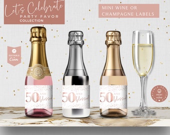 50th Birthday Mini Wine Label Template: Rose Gold Party Favor (Canva Editable, Digital Download)