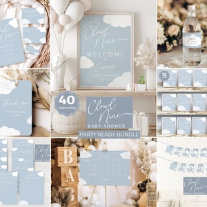 Cloud Nine Babyparty-Paket, We're on Cloud 9, Duschspiele, druckbare Schilder, Einladung, Windelverlosung, Willkommensschild, bearbeitbar in Canva