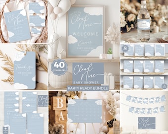 Cloud Nine Baby Shower Bundle, We&#39;re on Cloud 9, Shower Games, Printable Signs, Invitation, Diaper Raffle, Welcome Sign, Editable in Canva