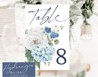 Blue Hydrangea Wedding Table Numbers: Editable Greenery Sign (Digital Download)