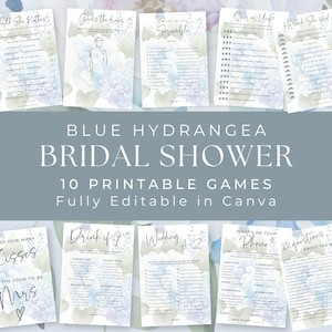 Blue Hydrangea Bridal Shower Games | Minimalist | Fun Wedding Shower Games Bundle | Bridal Shower | Printable Games | EDITABLE in Canva