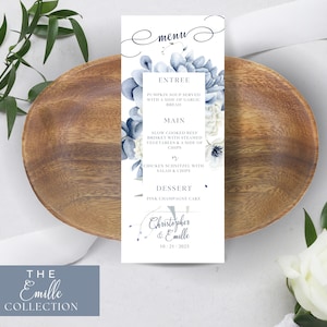 Plantilla de menú de boda azul polvoriento Canva, caligrafía, editable e imprimible, descarga instantánea, elegante floral azul claro, azul Emille