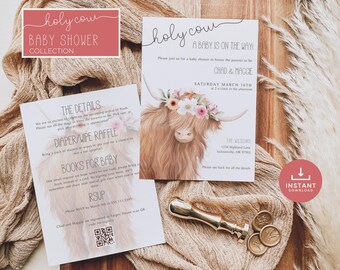 May include: A printable baby shower invitation with a cute highland cow illustration. The invitation is decorated with flowers and has the text "Holy Cow! A Baby is on the Way!" and "Chad & Maggie".