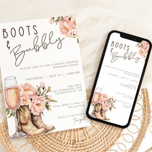 Puede incluir: Una invitación a una despedida de soltera con un diseño floral rosa y el texto "Boots & Bubbly" sobre un fondo blanco. La invitación incluye los detalles del evento, incluida la fecha, la hora y la ubicación. La invitación también incluye un número de teléfono y el nombre de la tienda donde la novia está registrada.