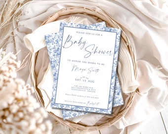 Blue Toile Baby Shower Invitation: Chinoiserie Canva Template (Printable)